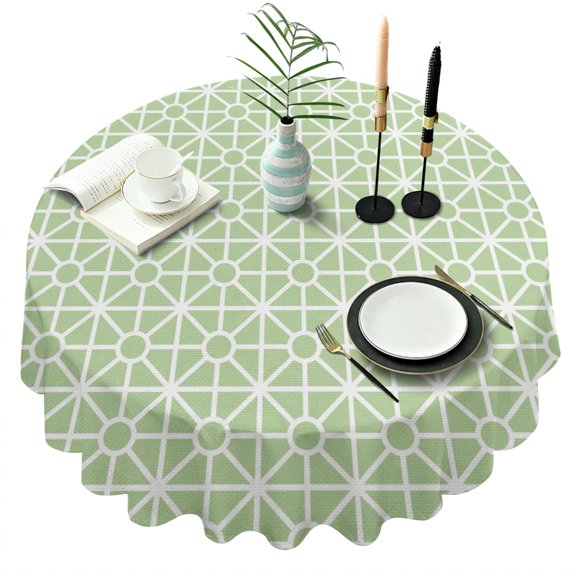 Round Green Geometry Tablecloth -Linen Fabric Table Cloth - Washable Reusable Table Cover with Dust-Proof Wrinkle Resistant for Restaurant, Picnic, Indoor and Outdoor Dining 60 Inch X 60 Inch