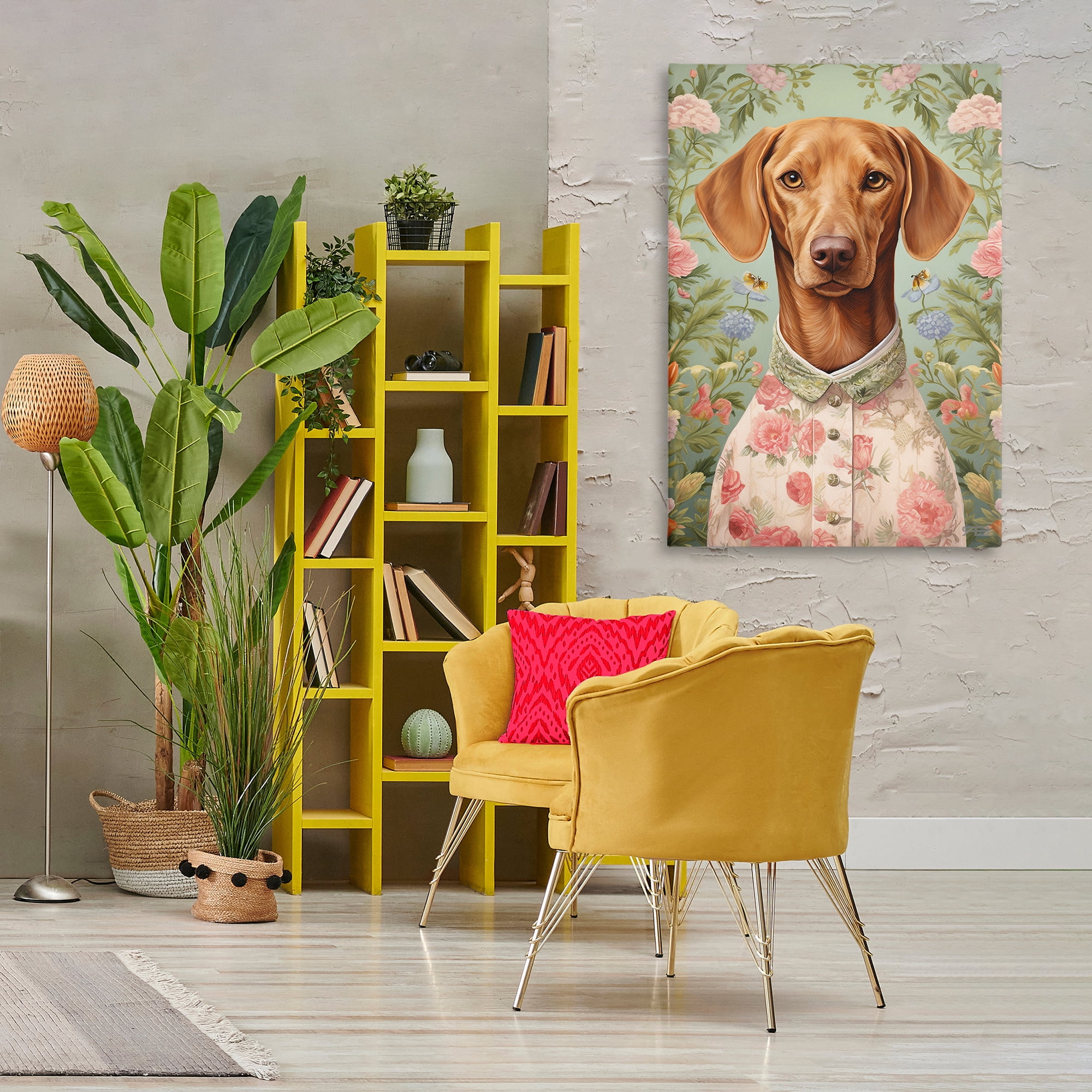 Stupell Industries Tropical Florals Dog Animals & Insects Painting Gallery Wrapped Canvas Art Print Wall Art, 30 x 45
