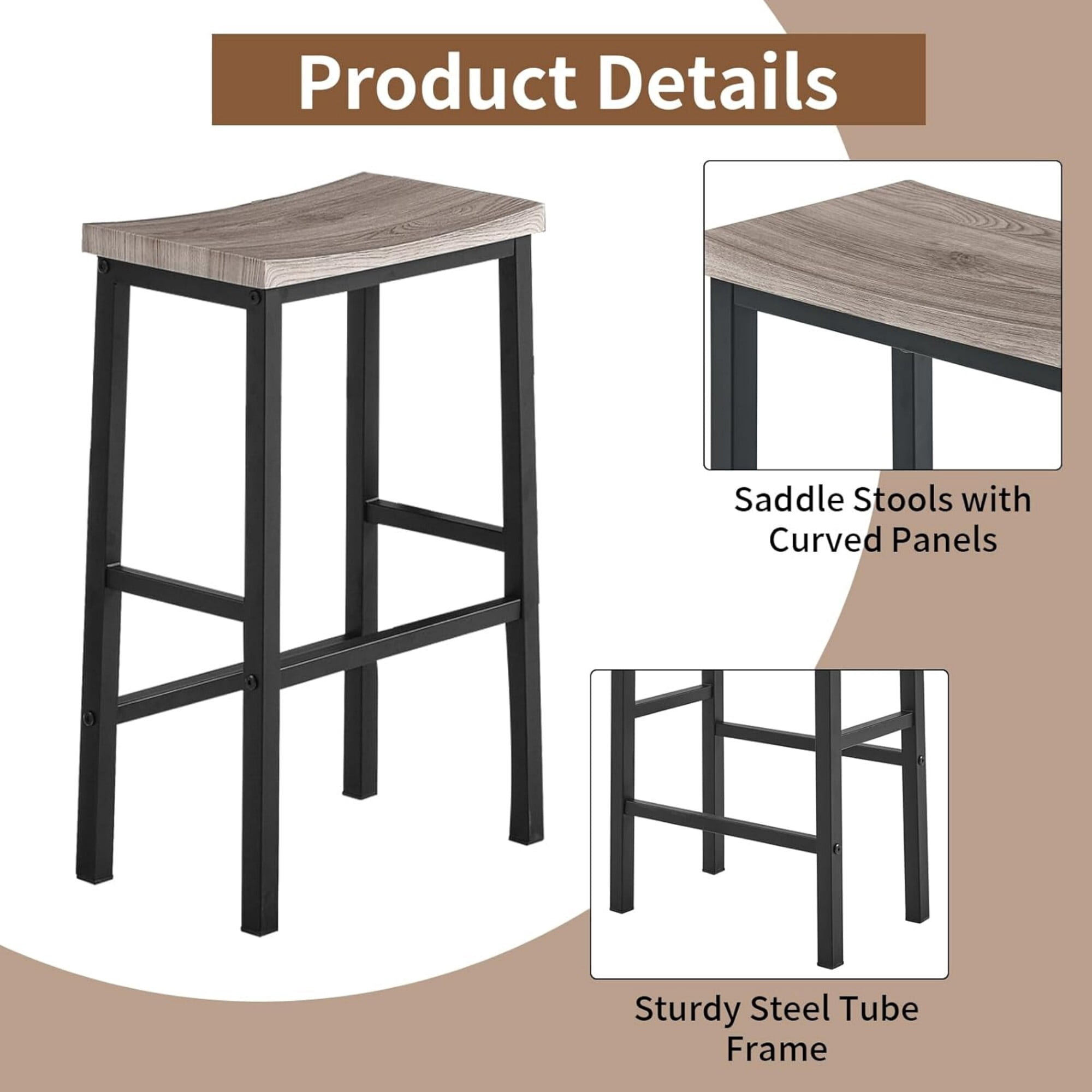 AENKYO 59" 4-Piece Sofa Bar Table and Chair Set, Dining Table with 3 Saddle Stools, Charging Station & LED Lights, Antique Gray