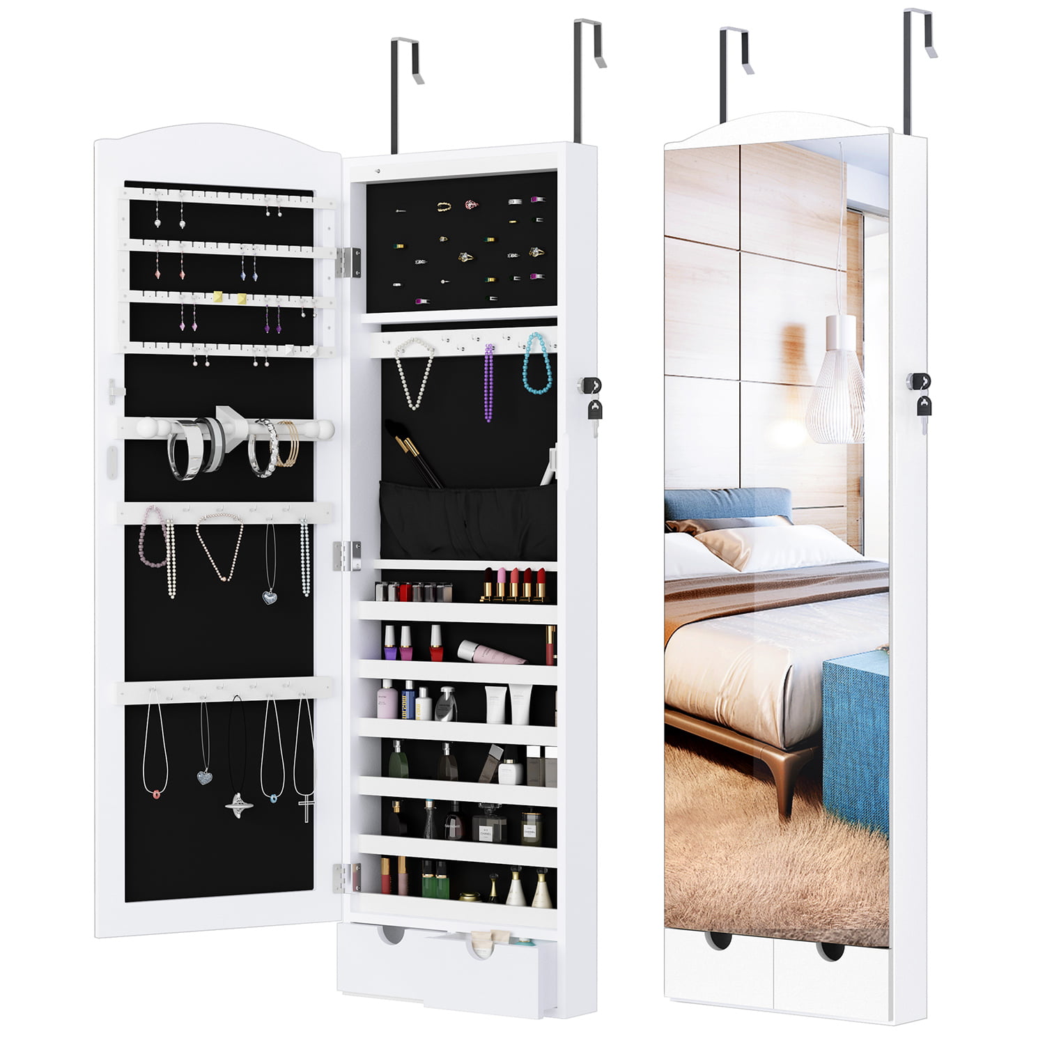 Jewelry Cabinet Hanging Storage Wall Organizer Lockable Frameless Mirror Drawer 