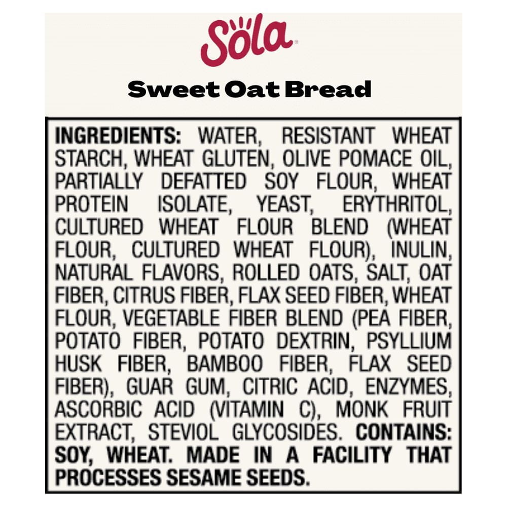 Sola Sweet Oat Sliced Bread, Soft White Bread, Non-GMO, 14 oz pack of 2
