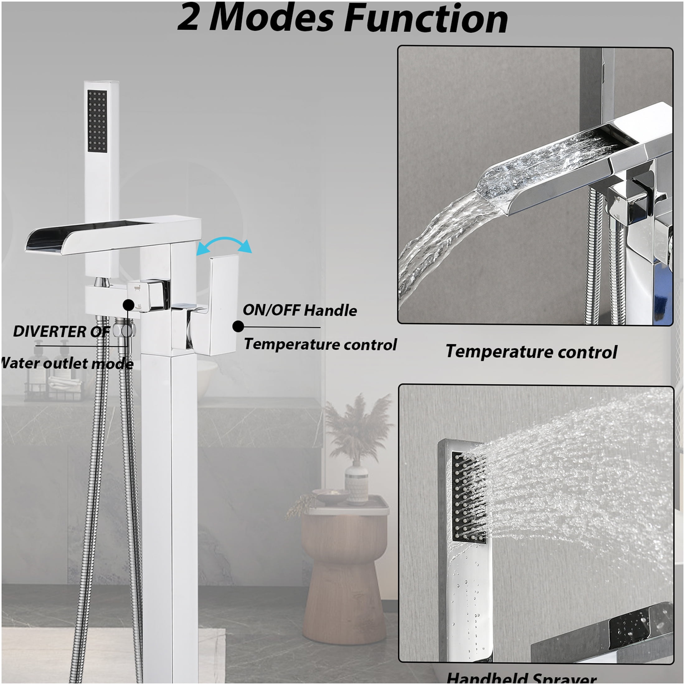 JERFIT Floor Mounted Freestanding Bathtub Faucet Set with Hand Shower, Chrome Waterfall Tub Filler, Single Handle Stainless Steel Floor Mount Faucet