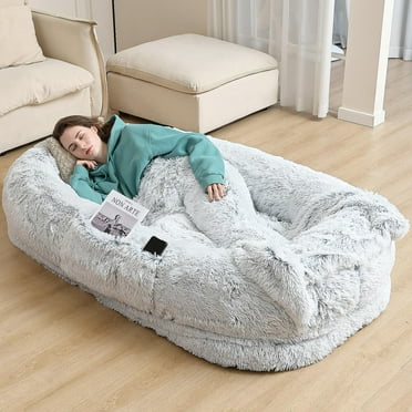 Human Dog Bed, 71''x45''x12'' Size Fits You and Pets, Washable Faux Fur Dog Bed for People Doze Off, Napping Orthopedic Dog Bed, Present Plump Pillow, Blanket, Strap - Grey