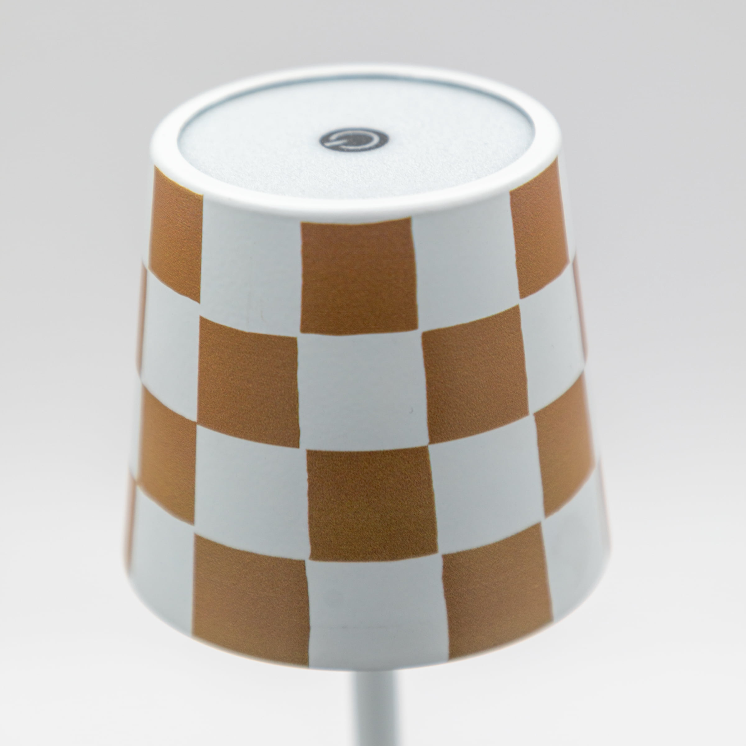 Portable and Rechargeable Tan & White Checkered 11" Touch Lamp with Multi Light Settings