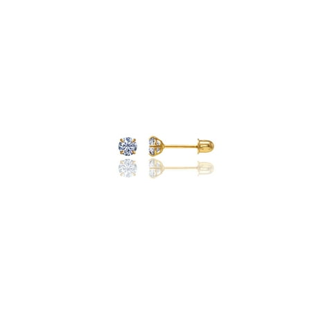 Sparkaling 14K Solid Yellow Gold 3MM Round Cubic Zirconia With Screwback Stud Earrings