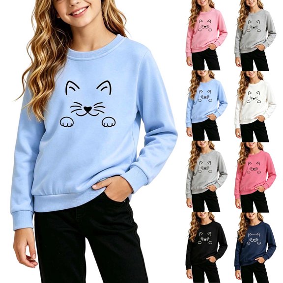 Spazoro Girls Crew Neck Long Sleeve Sweatshirt, Lightweight Stretchable Cat Print Breathable Casual Pullover Tops for Fall Daily School Wear Light Blue Size 5-6