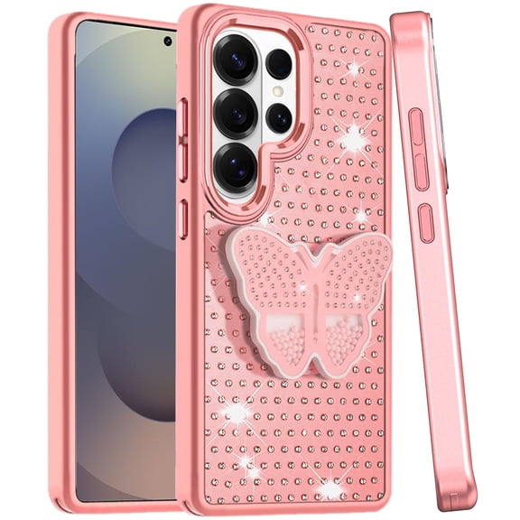 Case for Samsung Galaxy S25 Ultra Butterfly Moveable Grip 3D Pop Stand Full Diamond Bling Sparkling TPU Fashion Hybrid, XPM Phone Cover fit Galaxy S25 Ultra [Pink]