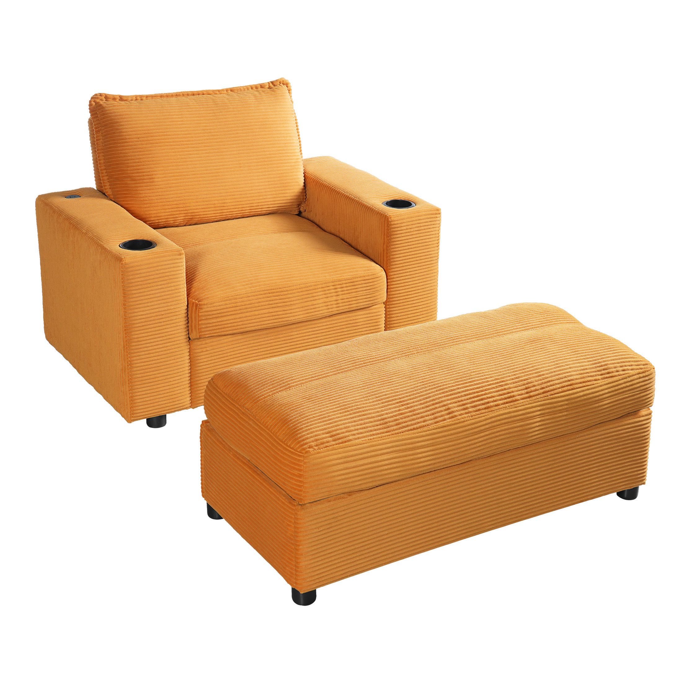 Christopher Knight Home 42.8" Oversized Chaise Lounge Chair with Storage Ottoman, USB Port & Cup Holders, Yellow