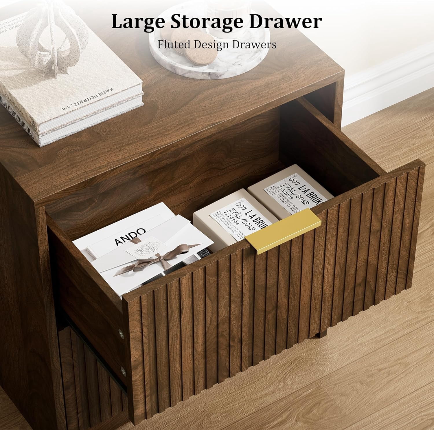 FURNIWAY Set of 2 Fluted Nightstand with 2 Drawers, Modern Storage Bedside Table with Golden Metal Handles, Wooden End Table for Bedroom, Living Room,Walnut