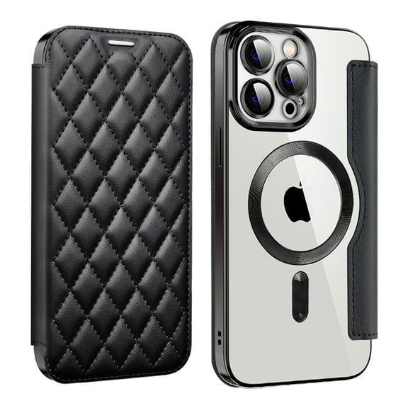 ELEHOLD for iPhone 15 Case Flip Folio Built-in Card Holder RFID Blocking Protective Leather Case Transparent Clear Back Magnetic Compatible with Mag Safe Shockproof Cover,black