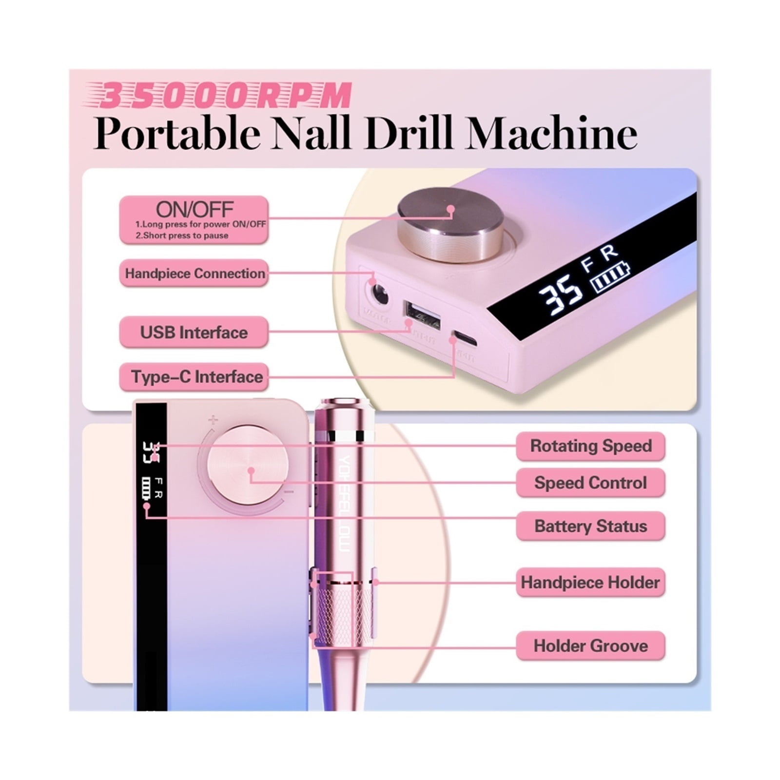Electric Rechargeable 35000RPM Nail Drill,Portable Nail Drills For Acrylic/Gel Nails, Professional Nail Tools For Manicure Pedicure ,Low Noise
