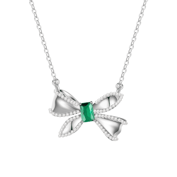 Silver Plated Simulated Emerald And Simulated Pearl Bow Necklace