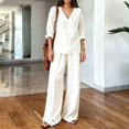 thumbnail image 4 of Zekutng Lounge Sets for Women Loose V-Neck Roll-up Sleeve Linen-Blend Shirt & Elastic Waist Wide Leg Pant Matching Set,Sizes S-3XL, 4 of 7