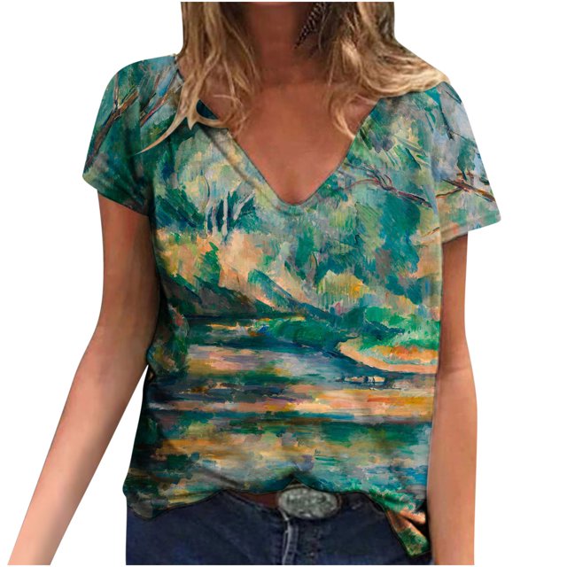 Blusa estampada de verano para mujer, camisetas casuales de manga corta con cuello en V, camisetas Pompotops hkajfhjk472820