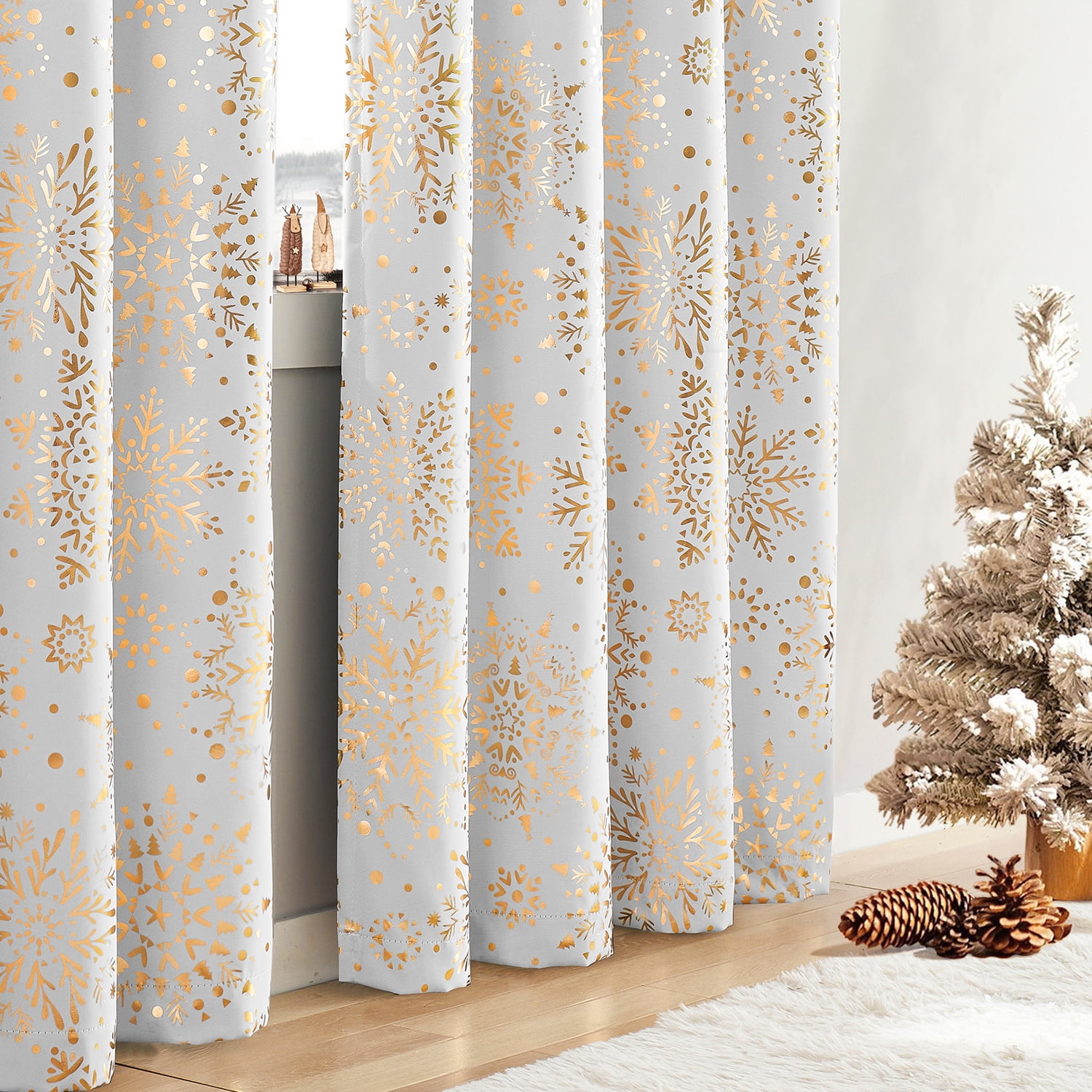 Exultantex Full Blackout Curtain Energy Saving Window Curtains with Foil Medallion Print Curtain Drapes Total Gold White Snowflake Floral,50x95,2PCS