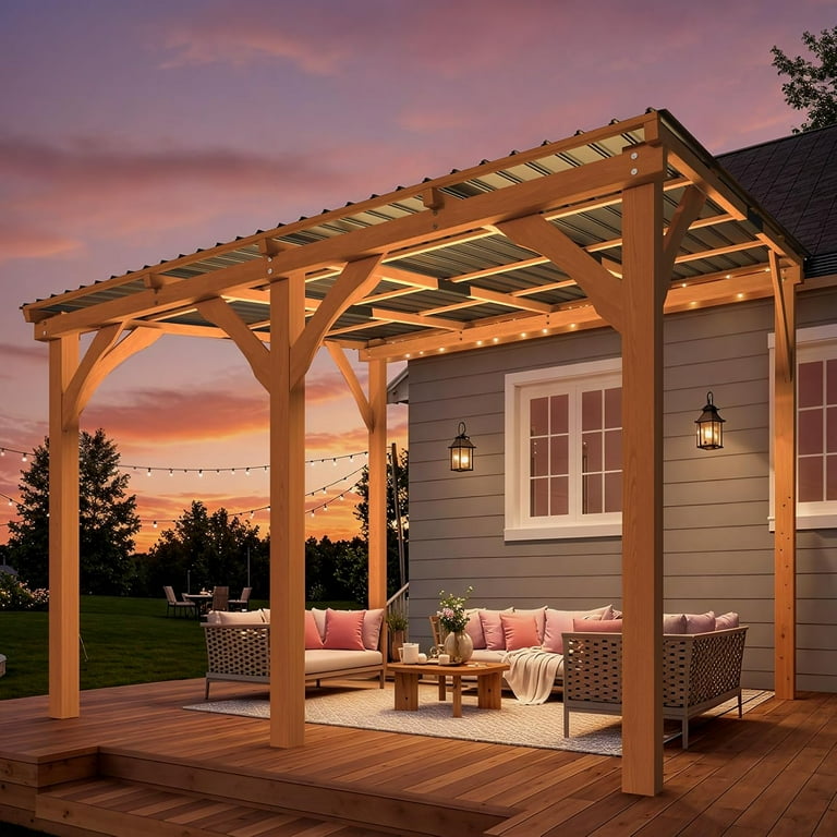 YODOLLA 10' x 10' Wall-Mounted Outdoor Wood Gazebo, Hardtop Cedar