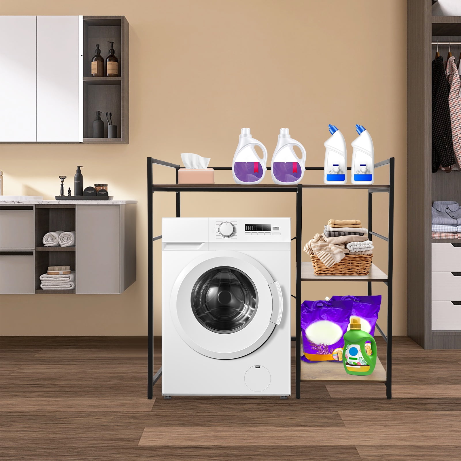 Black-Brown Iron Mdf 110x60x112cm 3-Layer Side Storage Washing Machine Rack Ancient Oak Double-Layer Locker
