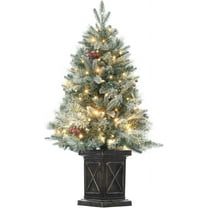 Lumiparty 3ft Pre-Lit Artificial Christmas Tree with Potted Base, Flocked Snow 78 Warm White LED Lights Red Berries, Festival Decoration Xmas Holiday Decor