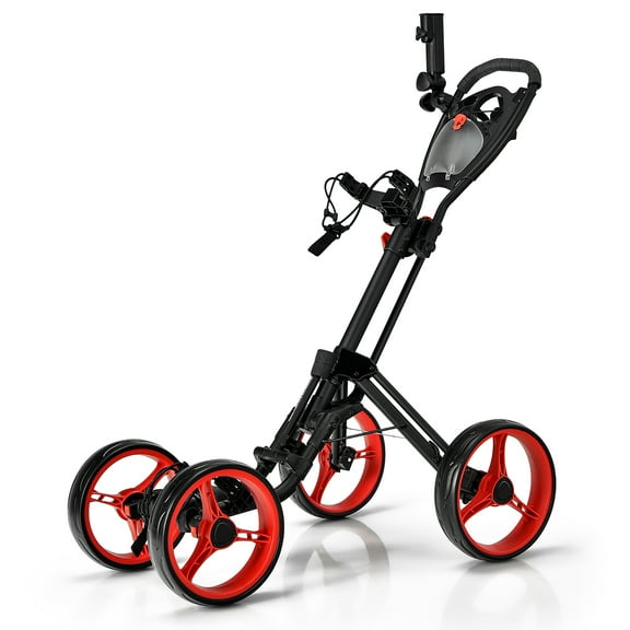 Goplus Folding 4 Wheels Golf Push Cart W/Brake Scoreboard Adjustable Handle Red