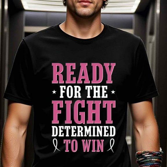 Men'S "Ready for the Fight" Breast Cancer Awareness T-Shirt - 100% Cotton, Crew Neck, Short Sleeve, Regular Fit, All-Season Casual Wear, Ideal for Valentine'S Day, New Year's, Father'S Day, Christma