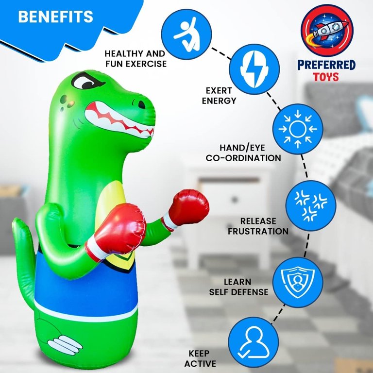 Inflatable Bouncy Dinosaur Toys & 360° Rotatable Kids Punching Bag Set - 2 Dinos, Gloves, Pump