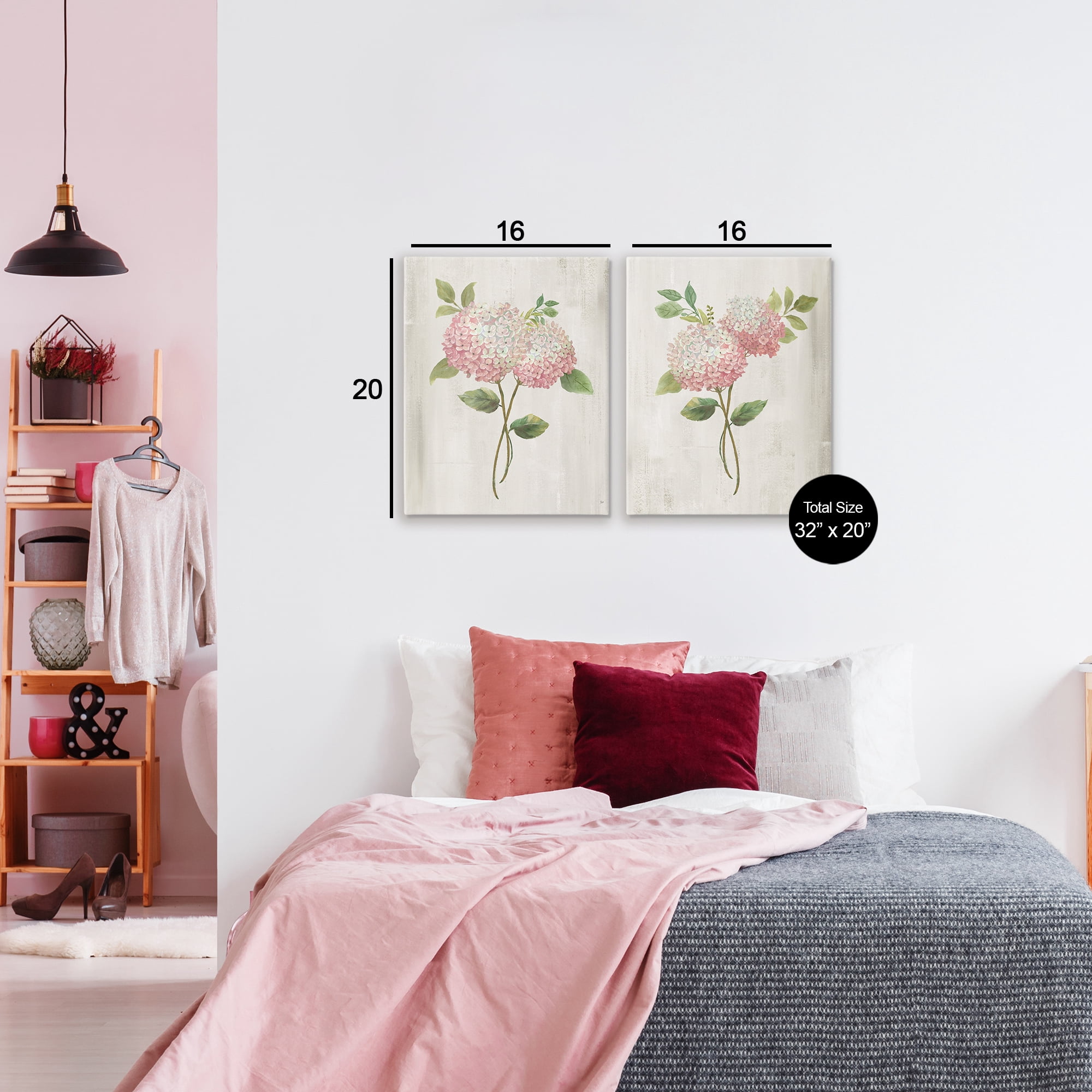 Stupell Industries Vintage Pink Hydrangea Pairs 2 Piece Canvas Wall Art Set, design by Nan