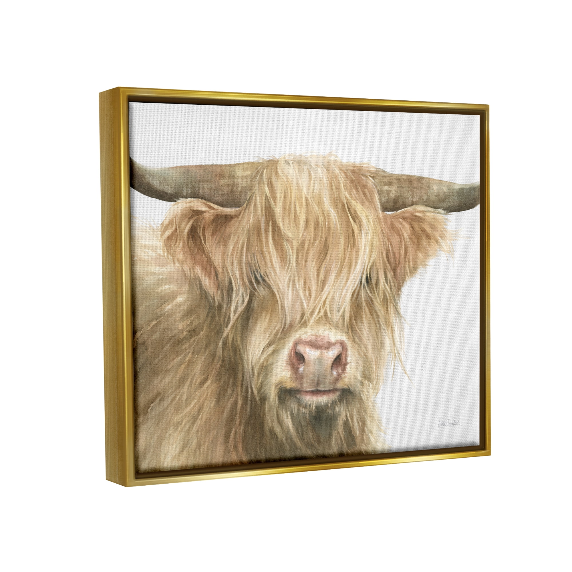 Stupell Industries Longhorn Cattle Painting Animals & Insects Painting Gold Floater Framed Canvas Art Print Wall Art, 21 x 17