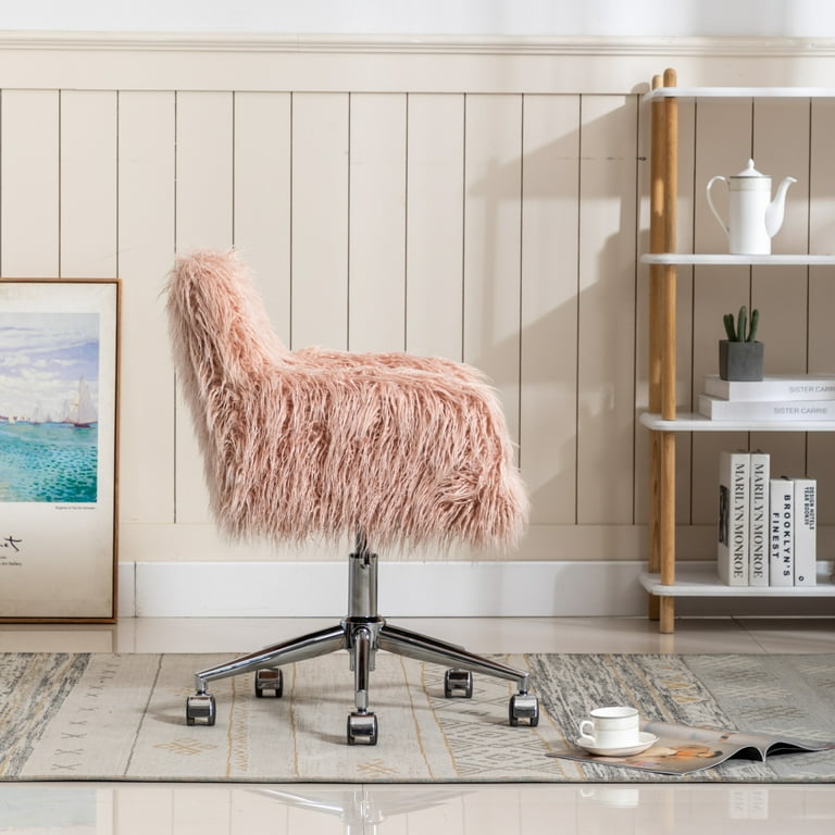 Faux Fur Modern Swivel Armchair with Wheels Fluffy Office Desk Chair Soft Comfy Accent Makeup Vanity Chairs for Girls Women Home Bedroom Dressing room Pink Walmart
