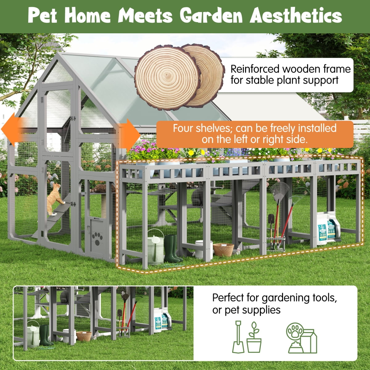 Large Outdoor Cat House with Planter Stand, Wooden Cat Enclosure with Resting Boxes and Hanging Bridge, Walk-in Catio Cage with Waterproof Cover, Gray,Ships 2 Pkgs