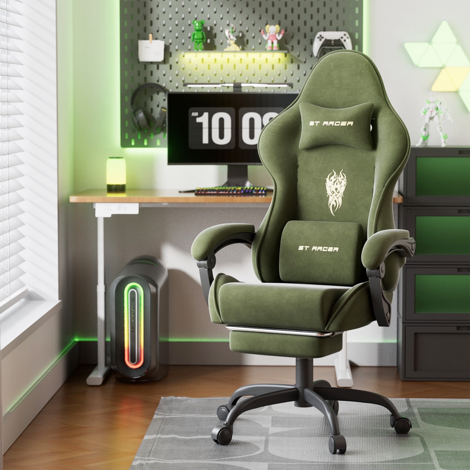 SOONTRANS Green Gaming Chair,Ergonomic Office Game Chair for Adult, Velvet Fabric Video Gamer Chair with Footrest, High Back Reclining Office Computer Chairs with Massage Lumbar