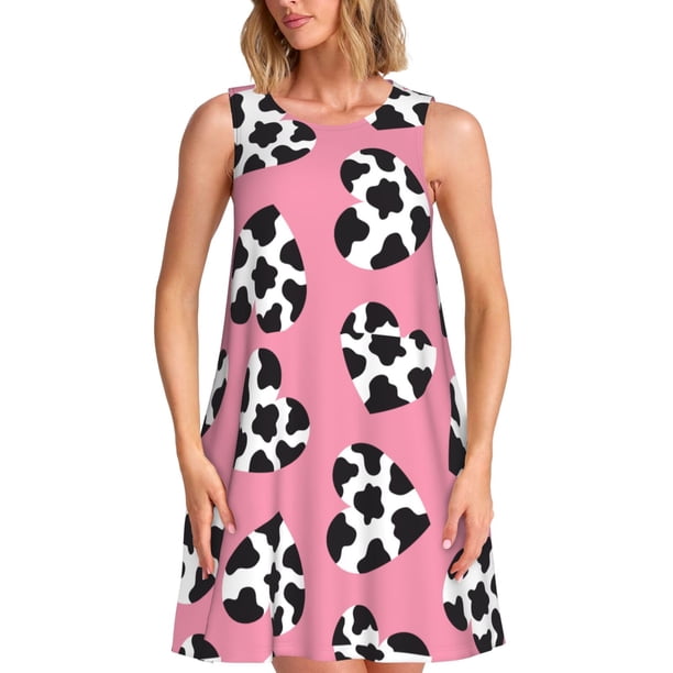 Easygdp heart with cow para Vestido Transpirable de Mujer, Vestido Suelto de Manga Corta con Pliegues y Bolsillos para el Verano