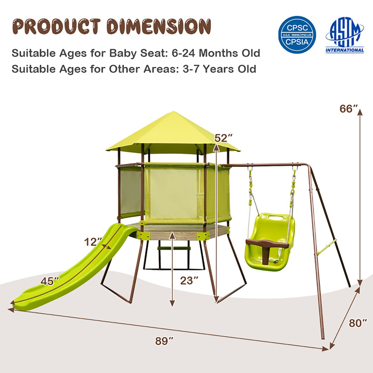 CIPACHO 4-in-1 Swing Set with Covered Playhouse Fort and Height Adjustable Baby Seat, Swingset Outdoor for Kids, Green