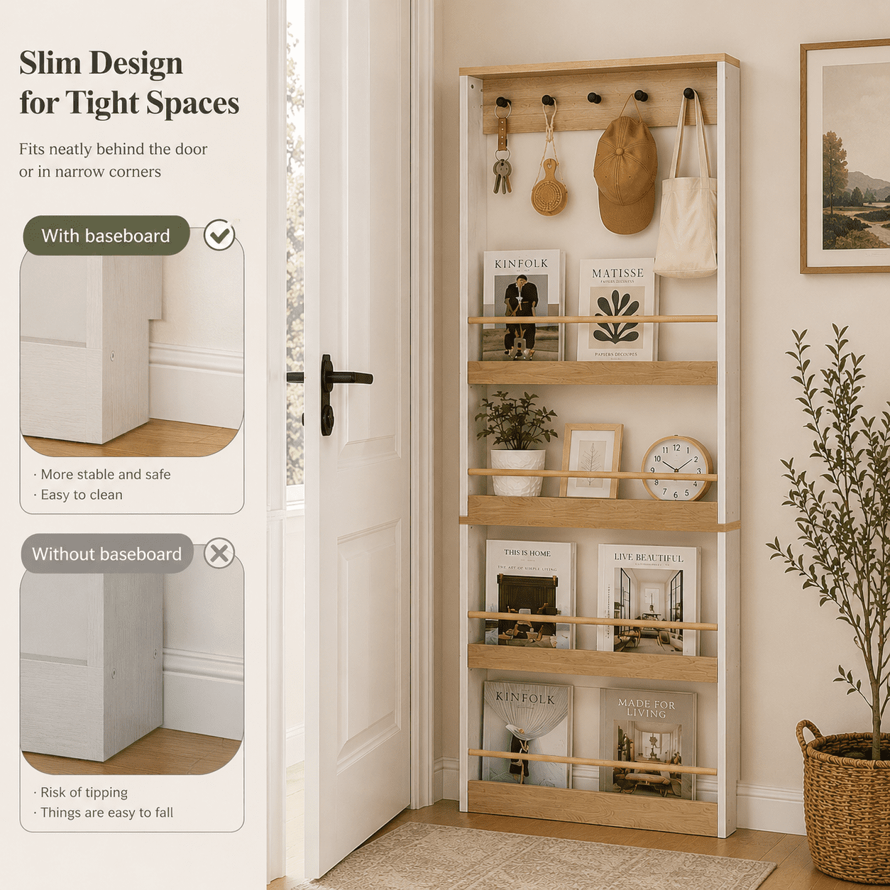 Tall Bookcase 70.87 Inch, Narrow Storage Cabinet with 5 Hooks and 4 Shelves, Space-Saving Shelf for Living Room and Kitchen, Antique White