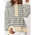 thumbnail image 2 of PRETTYGARDEN Womens Fall Striped Oversized Sweatshirt Long Sleeve Button Up Henley Neck Waffle Knit Pullover Tunic Tops, 2 of 7