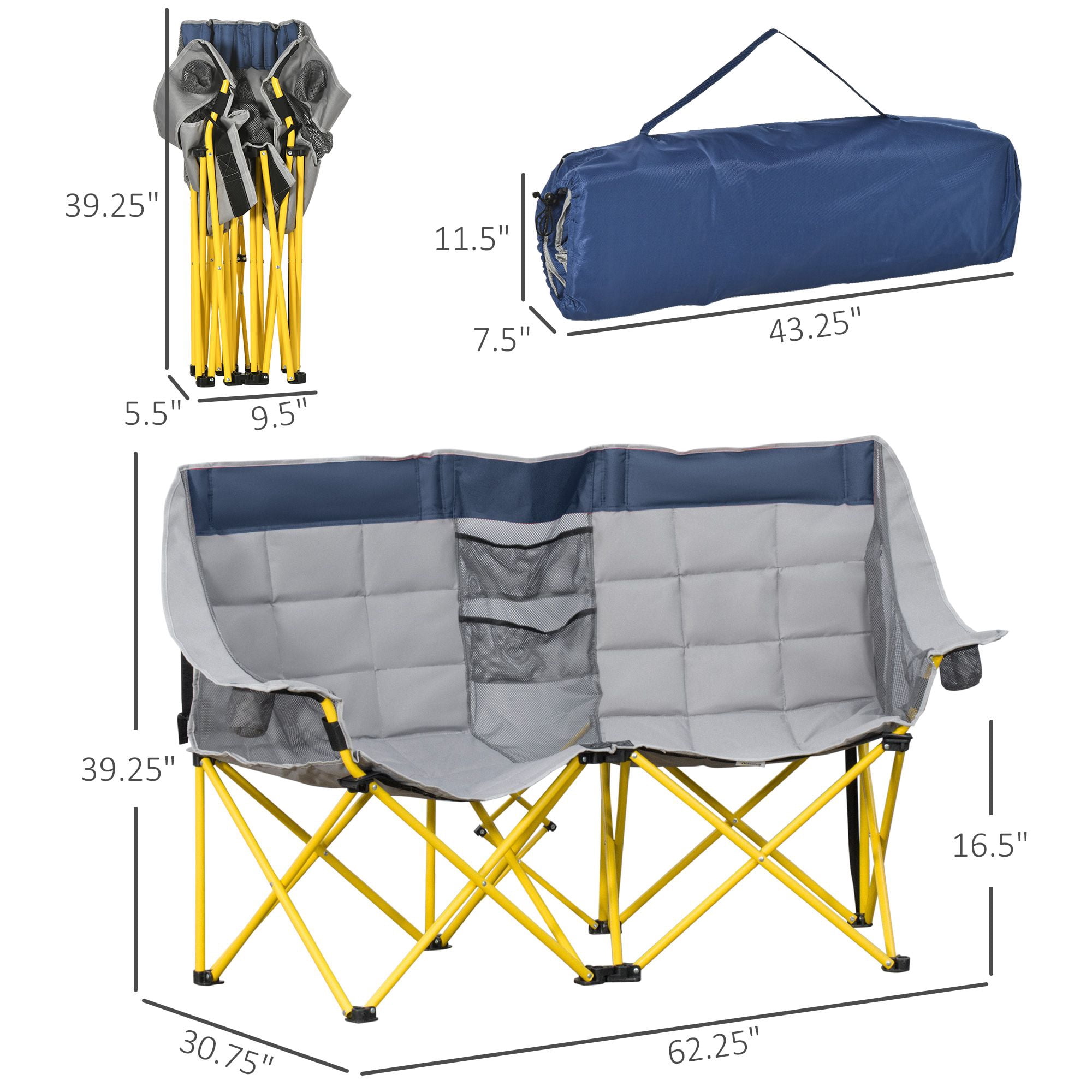 2 Person Double Folding Camping Loveseat Chair, Side-by-Side Outdoor Chair with Cup Holders Middle Storage Pocket Steel Frame Supports 264lbs Per Seat with Carry Bag