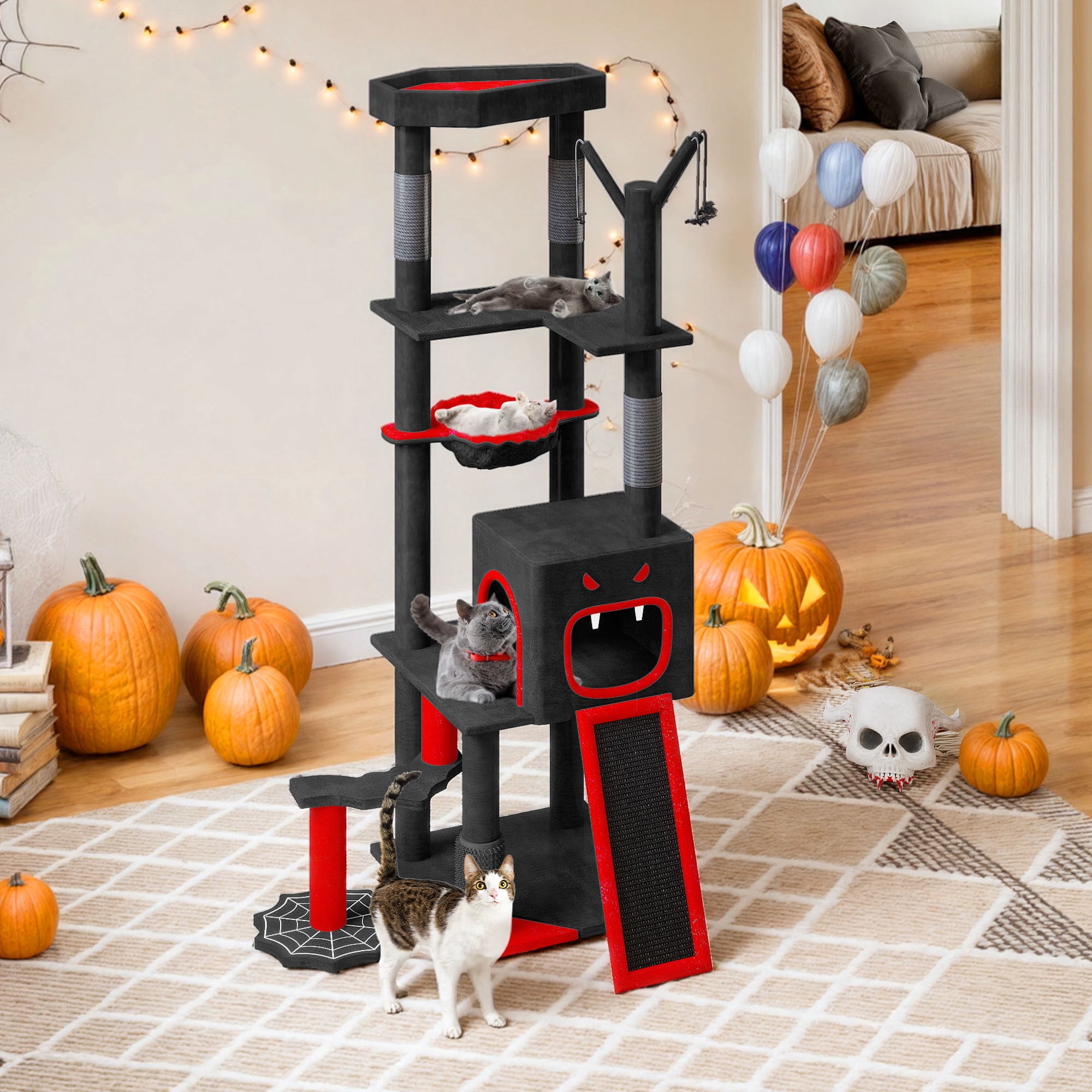 Uforic 60" Gothic Cat Tree Tower with Coffin Bed, Black Halloween Cat Tower with Top Perch, Condos, Basket & Scratcher