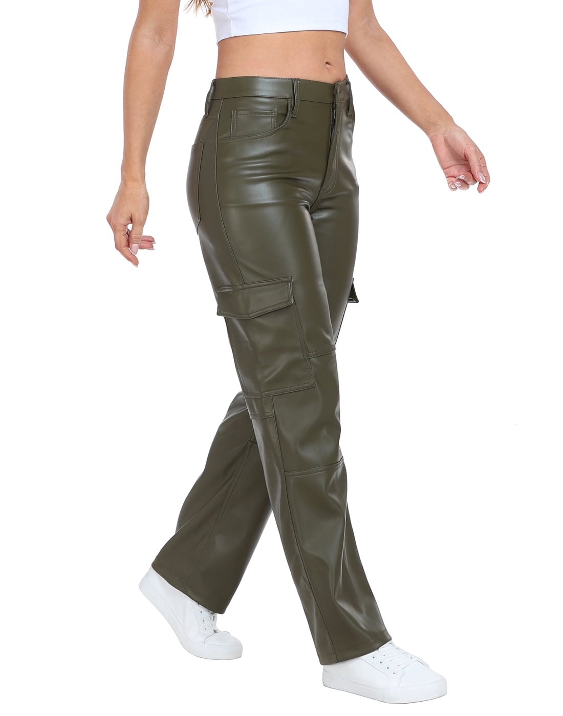 HDE Women's High Waisted Faux Leather Cargo Pants with Pockets Green 30