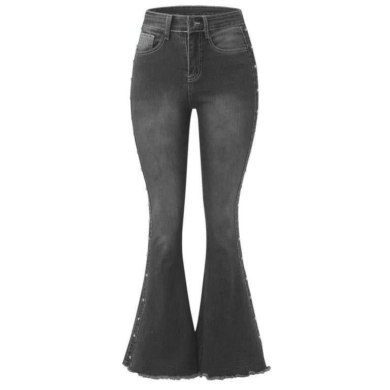 vbnergoie Women's Classic Flared Trousers High-waisted Skinny  Button-decorated Long Jeans Express Jeans for Women Womens on Black Pants 