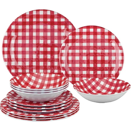 

UPware 12-Piece Melamine Dinnerware Set Includes Dinner Plates Salad Plates Bowls Service for 4. (Red Gingham)