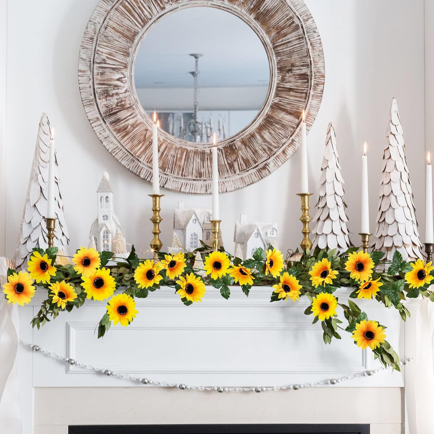 10pcs Sunflower Garland Artificial Flowers, 8.2ft/Pcs Silk Sunflowers with Green Leaves, Flowers Vines for Room Home Kitchen Garden Wedding Arch Party Decor