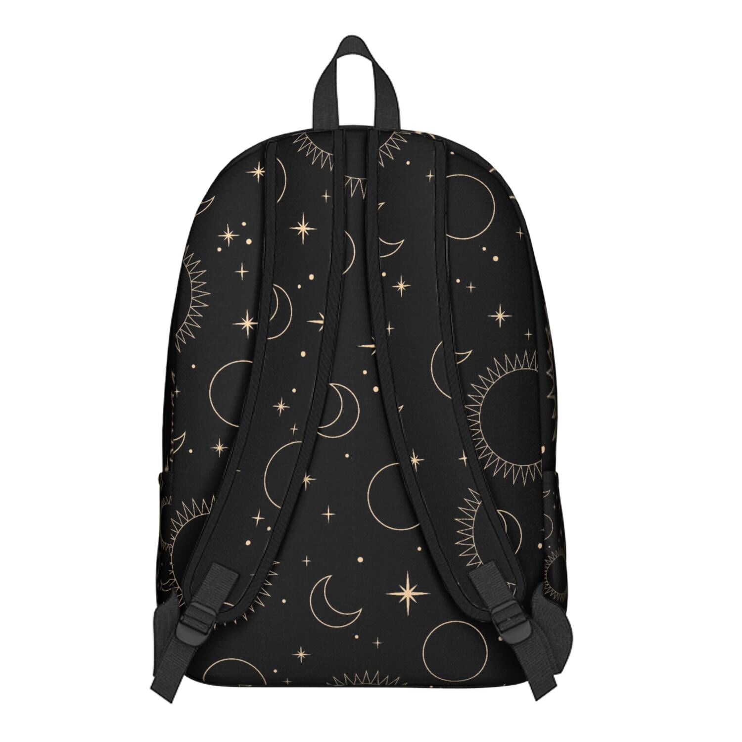 Waterproof Witchy Gothic Backpack, Durable School Bag Featuring Celestial Sun, Moon, and Starry Night Design