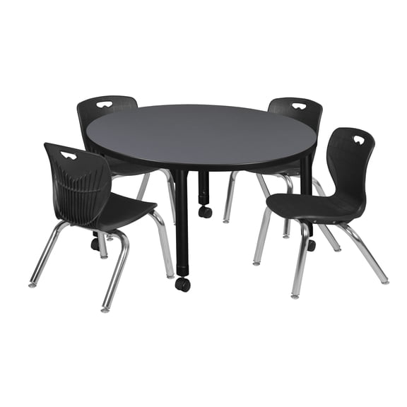 Regency Kee 42 in. Round Adjustable Classroom Table- Grey & 4 Andy 12 in. Stack Chairs- Black