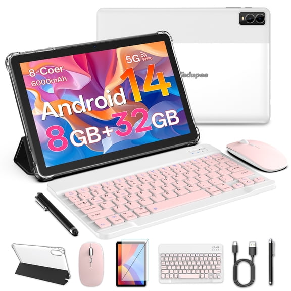 Android 14 Tablet,10 inch Tablet with Keyboard, 8GB RAM 32GB ROM (1TB Expandable), Octa-Core Processor, 5G Dual-Band WiFi 6, 6000mAh Battery, 2-in-1 Tablet, Pink