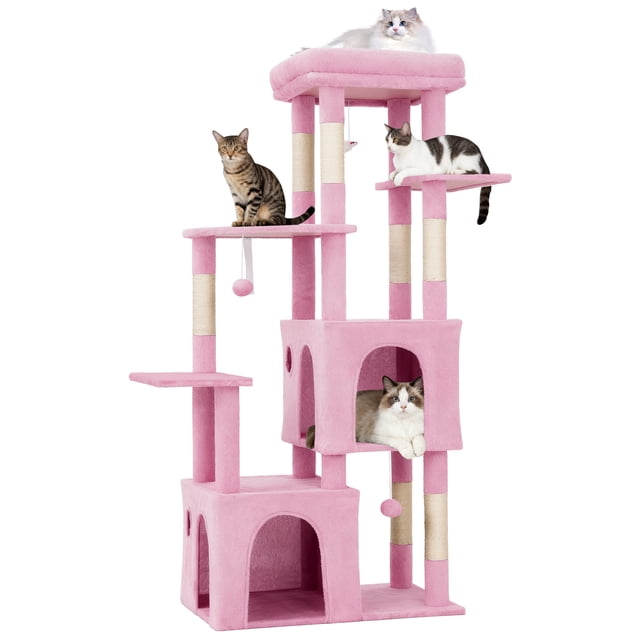 Heavy Duty 61" Multi-Level Cat Tree Tower for Large Indoor Cats & Maine Coons, 2 Spacious Condos, Durable Natural Sisal Scratching Posts, Stable Activity Center, Interactive Play Toys - Pink