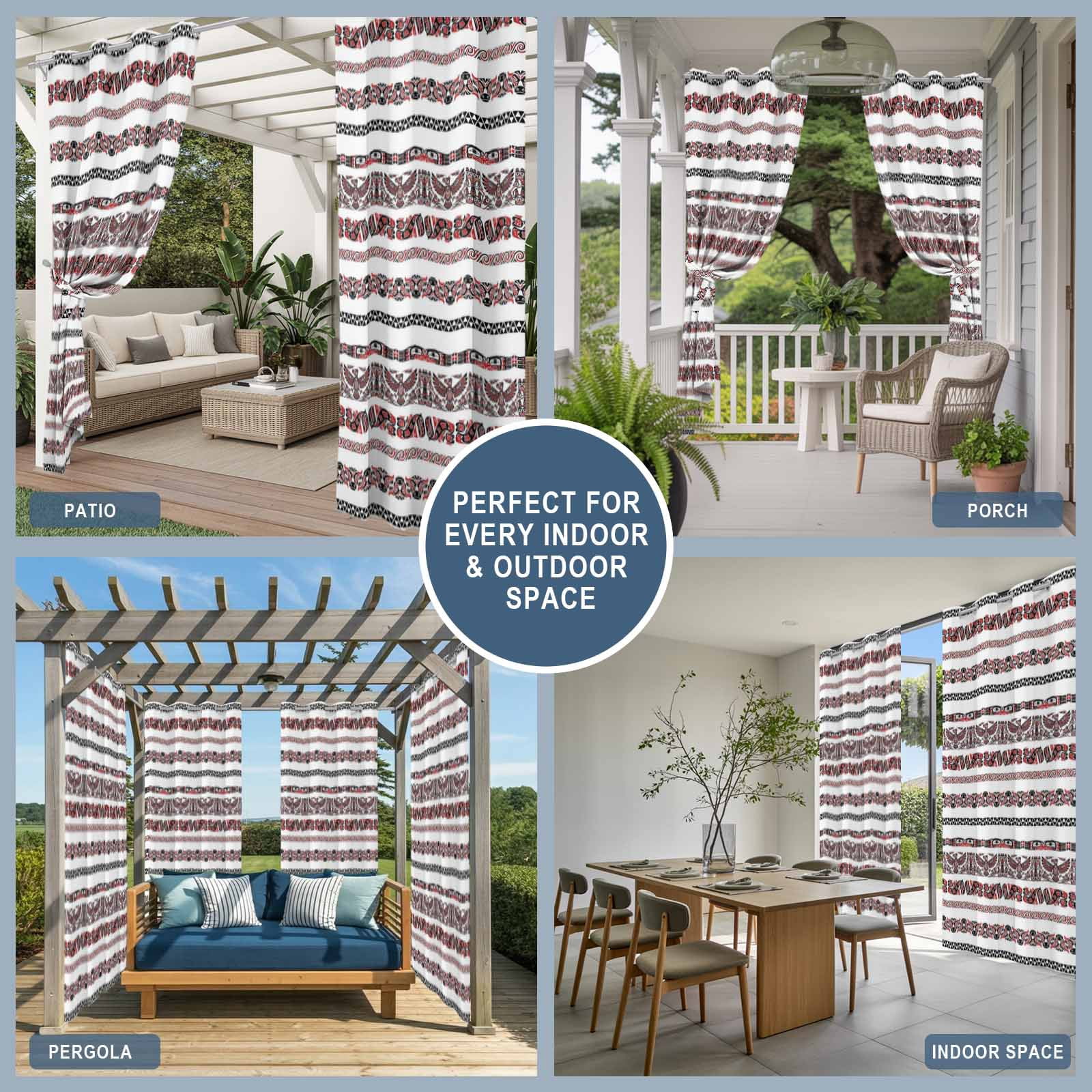 Tribal Ethnic Style Outdoor Curtains for Patio, Bird Geometric Boho Red White Rustic Sunshade Privacy Drapes Grommet Waterproof Outside Curtains for Porch/Cabana/Balcony 54"x 108", 1 Panel