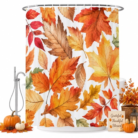 Orange Yellow Fall Shower Curtain, Waterproof Shower Curtains for Bathroom, Thanksgiving Maple Leaves Farmhouse Washable Fabric Bathtub Curtain Set Bath Decor with 12 Hooks Extra Long 72"x96"