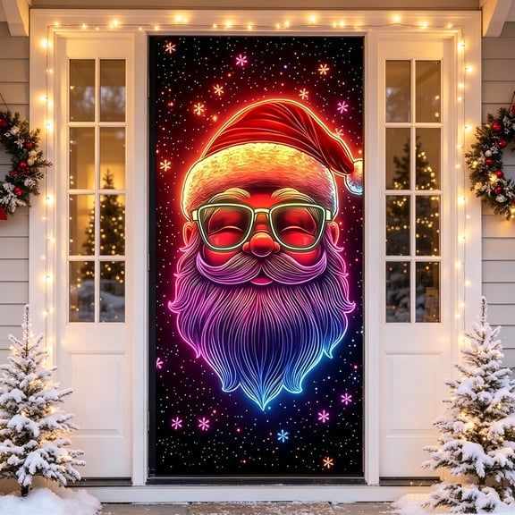 WWC Christmas Door Cover, 71" x 35" Glow-in-the-Dark Festive Wall Backdrop, Hanging Door Curtain Christmas Decorations for Front Door Holiday Party