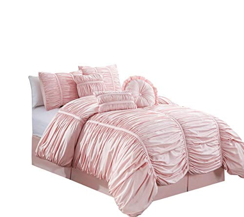 Chezmoi Collection 7-Piece Pink Chic Ruched Comforter Set (with Throw ...