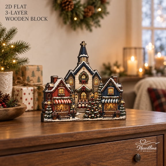 Wooden Block Christmas Church Village 3-Layer Tabletop Display for Holiday Decorating