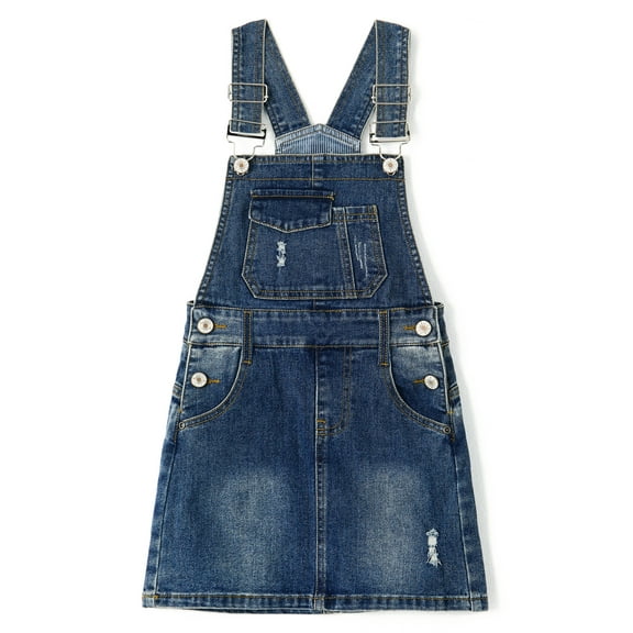 KIDSCOOL SPACE Girls Denim Skirts,Big Girls Ripped Soft Stretchy Jeans Overall Dress,Deep Blue,10-11 Years